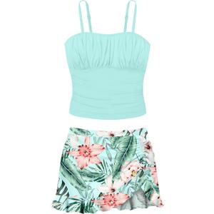 Girls Tankini Swimsuits Two Piece Tropical Print Pleated Bathing Suit with Ruffle Drawstring Skirt Swimwear (13-14 Years, Blue Plant)