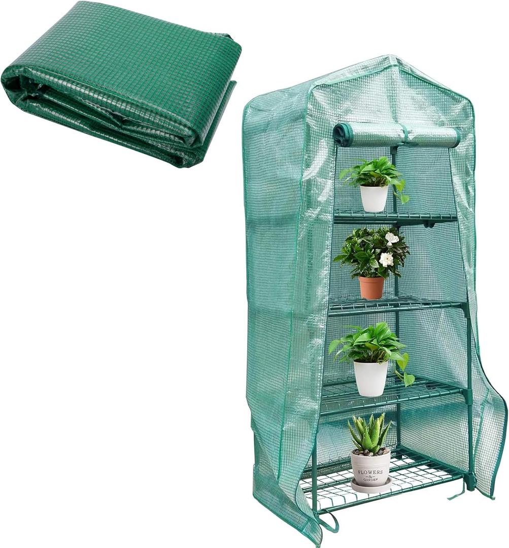 Sfcddtlg 4 Tier Greenhouse Replacement Cover with Roll-Up Zipper Door-PE Plant Greenhouse Cover for Indoor Outdoors Gardening Plants Cold Frost Protection Wind Rain Proof (Frame NOT Include)
