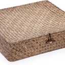 Hipiwe Flat Seagrass Storage Basket Bin with Lid Woven Wicker Basket Box Multipurpose Home Organizer Bin Baskets for Shelf Bathroom Home Decor, Coffee X-Large