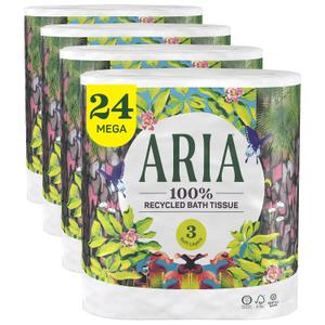 Aria 100% Recycled Toilet Paper, 24 Rolls, 3-Ply Soft Bath Tissue, Paper Packaging Aria 100% Recycled Toilet Paper, 24 Rolls, 3-Ply Soft Bath Tissue, Paper Packaging