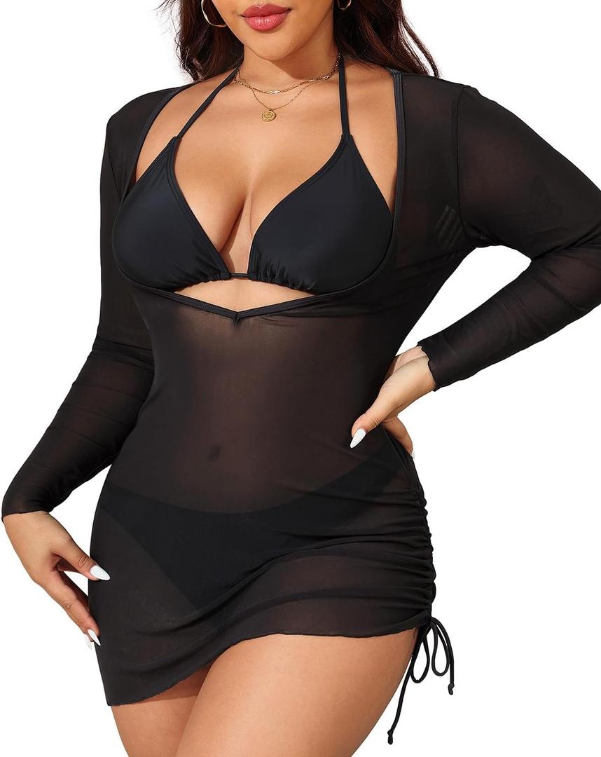 Aqua Eve Plus Size 3 Piece Bikini Set Women Swimsuits with Cover Up Bathing Suit (Black, S)