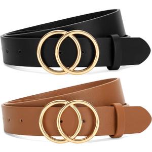 SANSTHS 2 Pack Women Leather Belts Faux Leather Jeans Belt with Double O Ring Buckle (S: Fit Waist Size 32"-37")