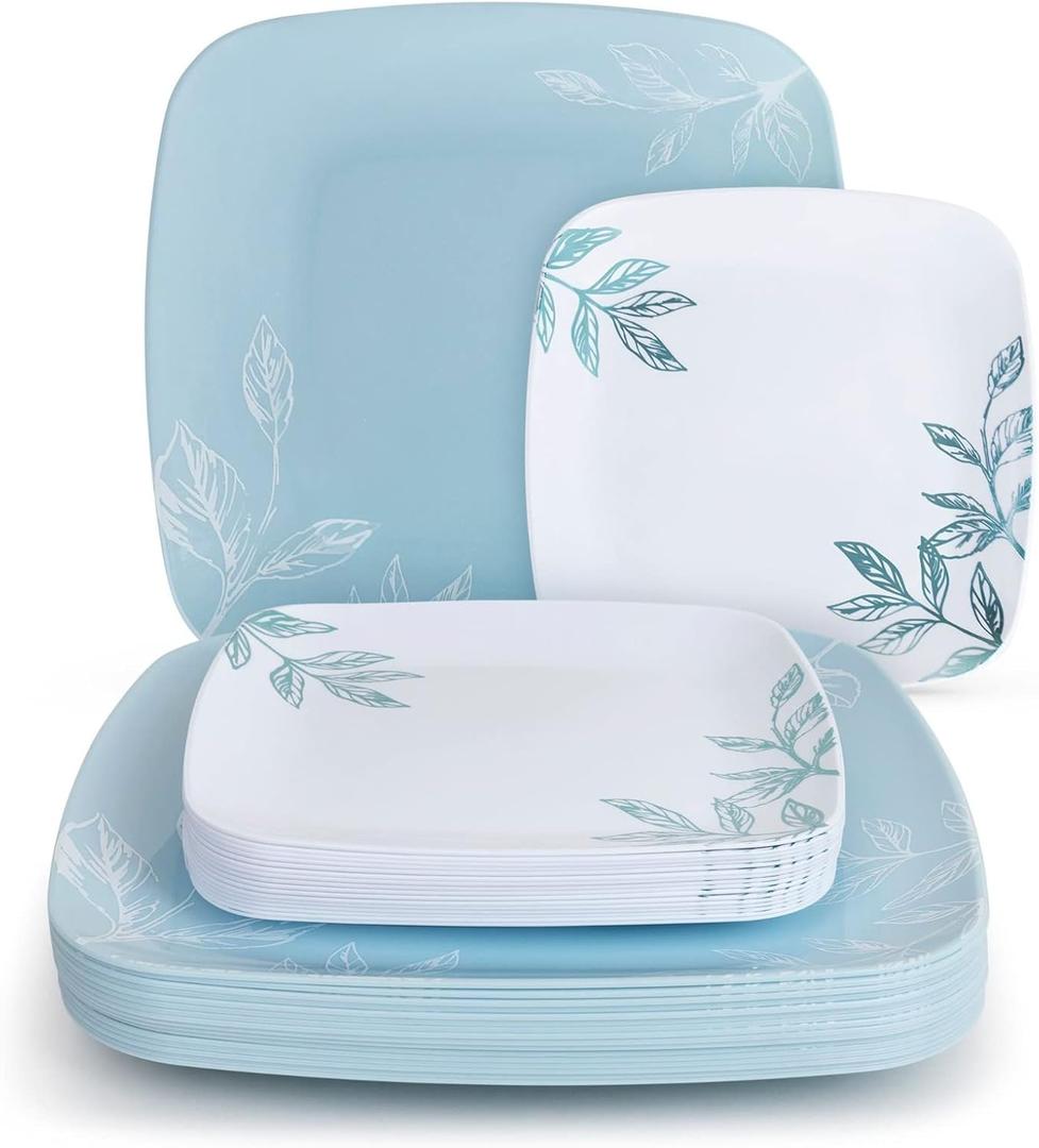 R-kay Blue Plastic Plates - 32 Count - 16 Dinner, 10 Inch & 16 Salad/Dessert, 7 Inch Party Plates - Heavy Duty, Disposable (Blue and White)