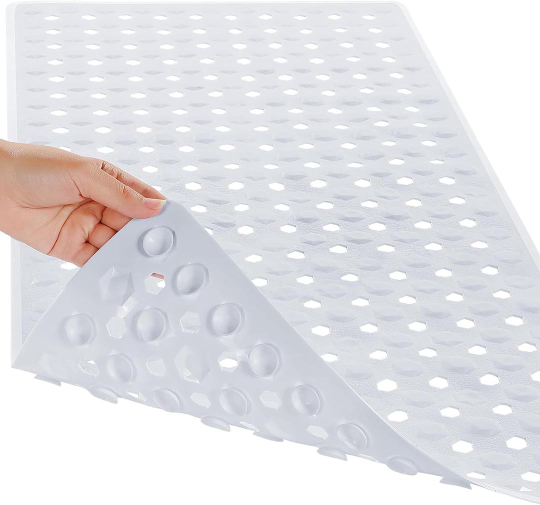 Yimobra Bath Tub Mat Non Slip, 34.5"x15.5" Long Shower Mat, Machine Washable Bathmat with Drain Holes and Suction Cups, Soft on Feet, Bathroom Essentials, White