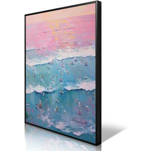 OAOPIC Summer Beach Surfs Up Canvas Wall Art, Coastal Surfing Pink Blue Sea Scenery Poster, Vintage Beachy Vibe Surfboard Aerial View Print, Endless Summer Painting for Living Room 12x16in Unframed