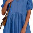 Dokotoo Denim Dress for Women Short Puff Sleeve V Neck Solid Babydoll Jean Dresses XL