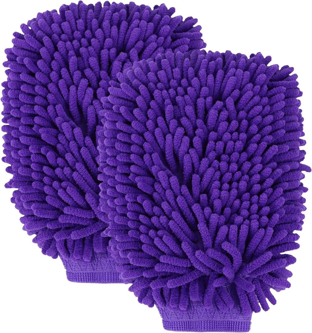 wuyaoyao 2PCS Car Wash Mitt, 10.14"7.12" Chenille Microfiber Car Wash Mitts, Scratch-Free & Lint-Free, Absorbent Double Sided Clean Glove for Cars Cleaning, Auto Cleaning Supplies (Dark Purple)