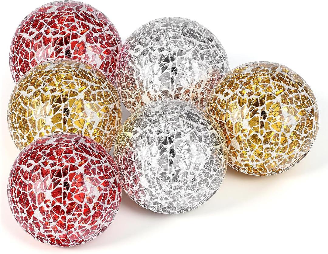 6 Pcs Decorative Balls for Bowls, 2.4 Inch Mosaic Sphere Balls Decorative, Mosaic Glass Orbs Centerpiece Balls Decoration for Vases Dining Table Home Living Room
