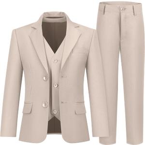 Boys' 3 Piece Suit Set with Suit Jacket, Vest, Pants, Formal Tuxedos Slim Fit Ring Bearer Outfit 12Y (Beige, M)