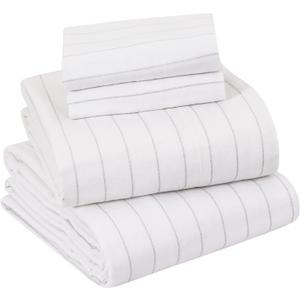 Sleepdown 100% Cotton Flannel Sheets Queen Size - Super Soft Heavyweight Double Brushed Anti-Pill Flannel Queen Sheets - 16" Deep Pocket Queen Fitted Sheet X2 Side Pockets (Queen, White Pin Stripe)
