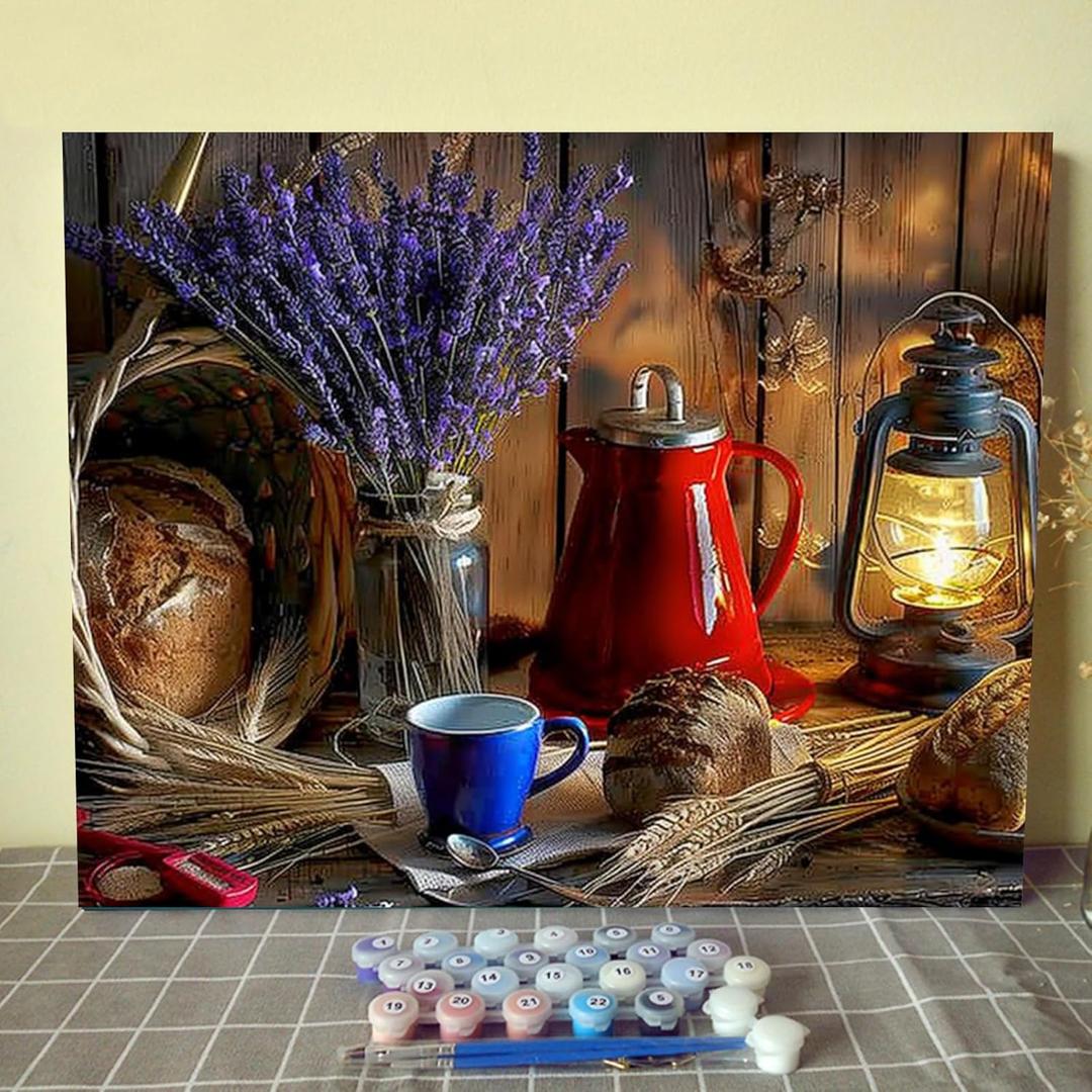 Paint by Numbers Kits for Adults Rustic Style DIY Oil Painting Kits on Canvas with Paint Brushes and Acrylic Pigment Wheat Oil Lamps Watercolor Paint Home Wall Decor Artwork 16x20 Inch (Frameless)