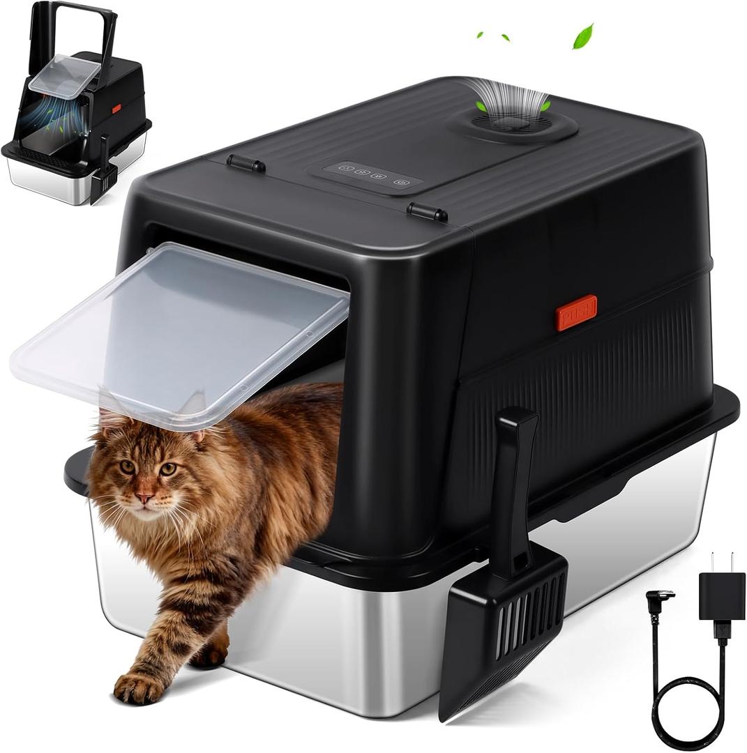 Stainless Steel Litter BoxXXL Enclosed High Sided Litter Box with Scoop for Big Cats, Non-Sticky, Anti-Leakage, Odor Control, Easy Clean (Black Fully Enclosed)