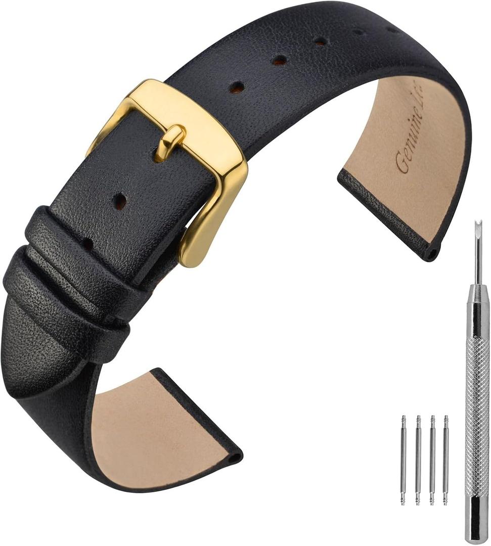 ANNEFIT Calfskin Leather Watch Straps 18mm, Thin Elegant Replacement Watch Band with Gold Buckle (Black)