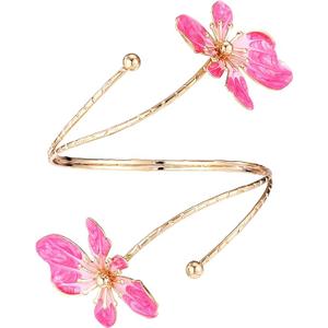 Mikovivi Flower Arm Cuff for Women, Adjustable Gold-Tone Upper Arm Bangle Bracelet with Pink Flower Boho Jewelry Gifts Armband for Beach Party