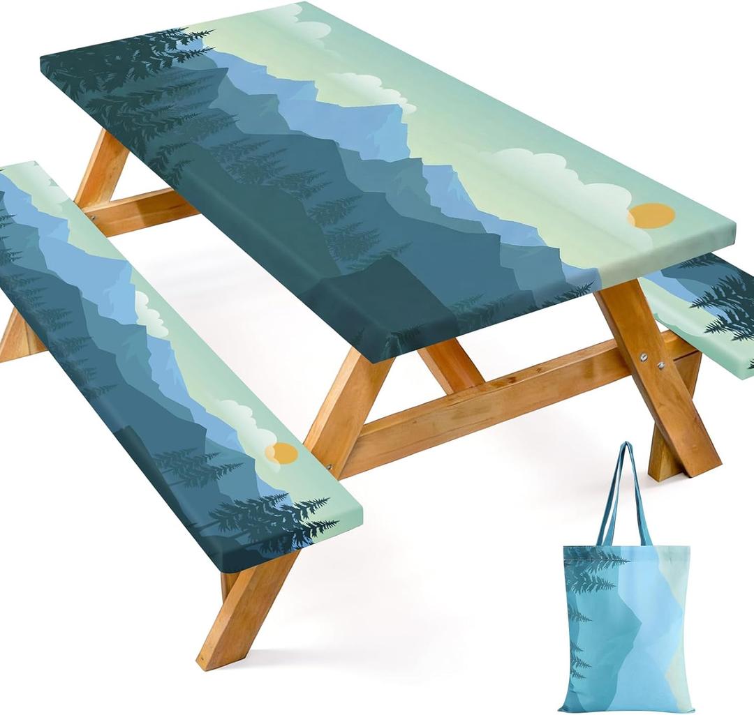 Dntorx Picnic Table Cover with Bench Covers and Bag, 72in Camping Tablecloth, Waterproof Windproof Elastic Edges Fitted Rectangle Tables RV Gear Campers Must HaveGreen
