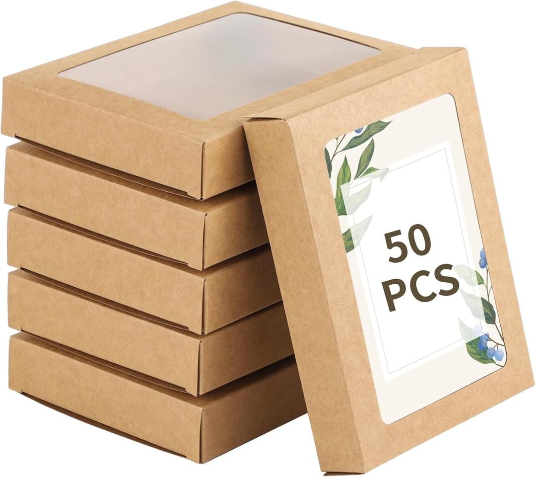 Homaisson 50 PCS Greeting Card Storage Boxes,Kraft Paper Boxes with Transparent Window, Greeting Card Envelope Applicable Bulk Frame Photo Storage Boxes, 4.5 x 6 x 1 Inches