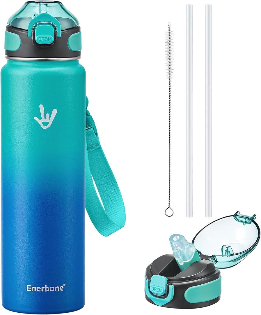 Enerbone 32 oz Insulated Water Bottle, Stainless Steel Bottle with Carrying Strap, Double-Wall Vacuum Insulation Design, Leakproof Sports Bottle with Straw, Keep Drinks Cold or Hot for Hours (Glacier)