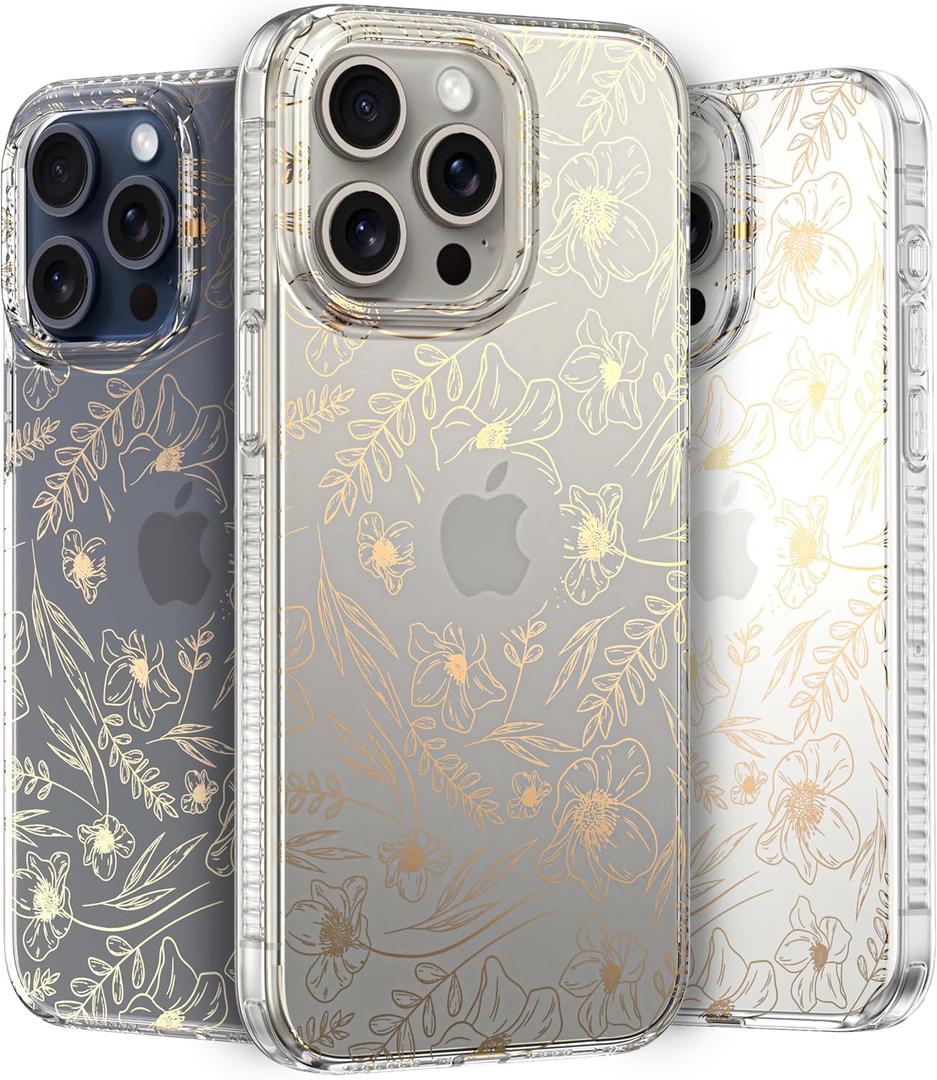 LONLI Hue Case for iPhone 15 Pro Max - [360 Shock-Absorbent Bumper] - [Cute and Unique Phone Cover for Girls and Women] - Gold Floral