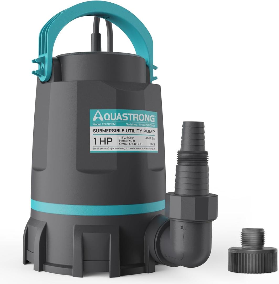 Aquastrong Sump Pump 1 HP 4500 GPH Submersible Water Pump Thermoplastic Portable Utility Pump High Flow Water Removal for Swimming Pool Garden Pond Basement Window Wells with 10ft Long Power Cord