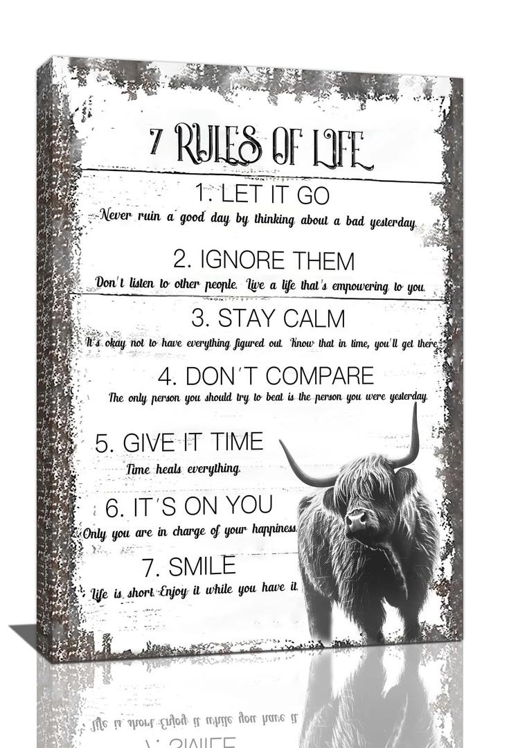 Inspirational 7 Rules of Life Wall Art Farmhouse Highland Cow Pictures Decor Black and White Cow Canvas Painting Modern Framed Prints Artwork for Home Bathroom Bedroom Living Room Office 16"x24"