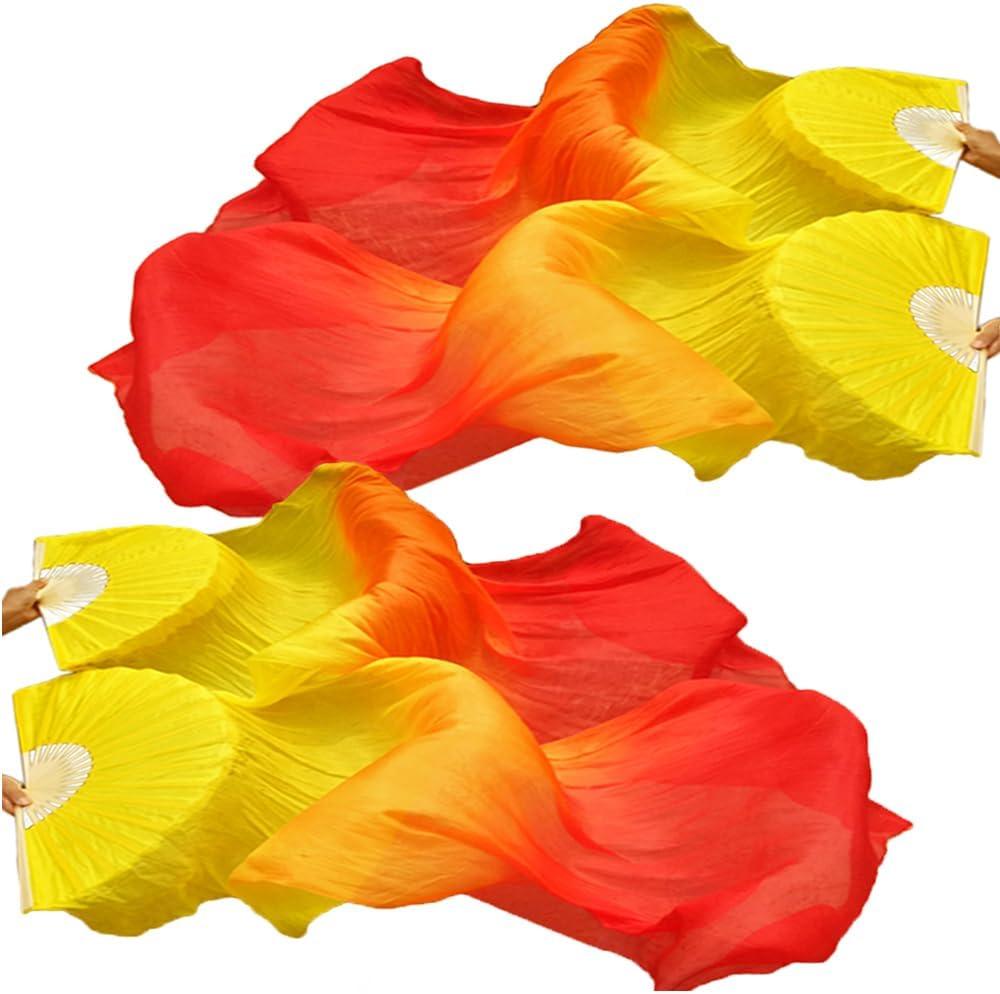 BRYCTSISEN Silk-like Belly Long Dance Fan Veil 2 Pair(Left+Right) Gradient Color Performance Fans for Theater, Stage Shows