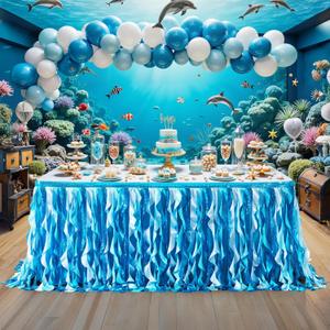 14Ft Gradient Blue Sequin Table Skirt for Rectangle Tables,Curly Willow Tutu Ruffle Ocean Table Skirts for Under The Sea Baby Shark Themed,Mermaid Table Cloth For Birthday Party,Wedding,Baby Shower (167" x 30" (Rectangular))
