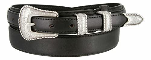 Silver Engraved Rope Edge Buckle Set Oil-Tanned Genuine Leather Western Ranger Belt (Black, 34)