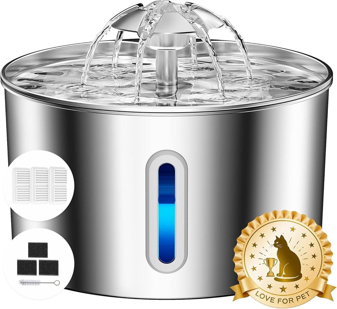 Cat Water Fountain Stainless Steel - 74oz/2.2L Pet Gift Dog Water Dispenser Automatic Silent Cats Dispenser for Drinking Indoor Metal Kitty Spout Fountains with 3 Filters & 3 Sponges Cat Dogs Gifts