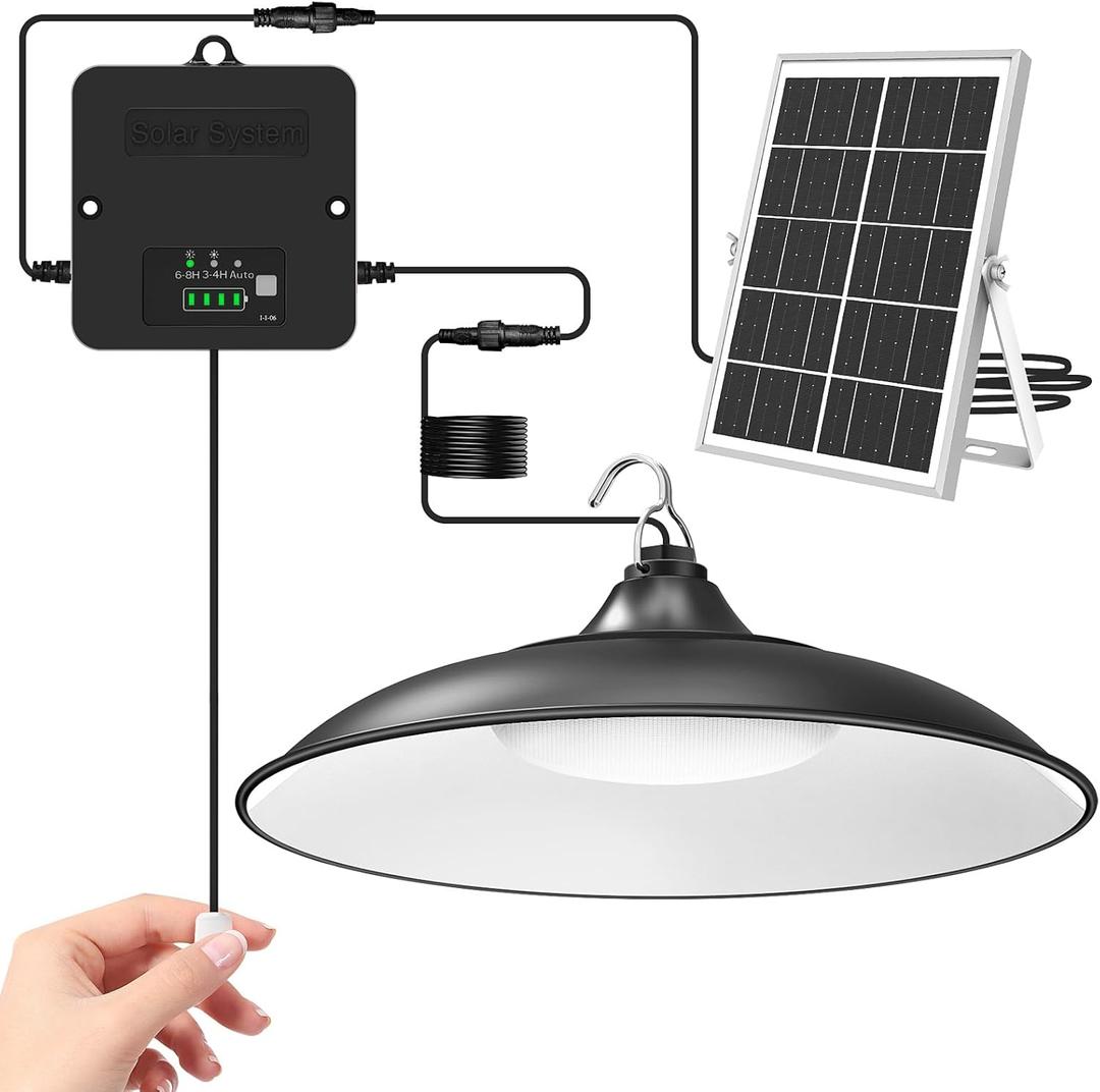 Solar Shed Light Indoor Outdoor, Dual Lamp Daytime, Pendant Light with Pull String, Dusk to Dawn, 3 Lighting Modes Solar Lights Indoor, Waterproof for Barn, Gazebo, Shop, Garage