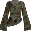 WDIRARA Women's Plus Size Floral Long Bell Sleeve Tee Shirts Asymmetrical Vintage Tops (XL)