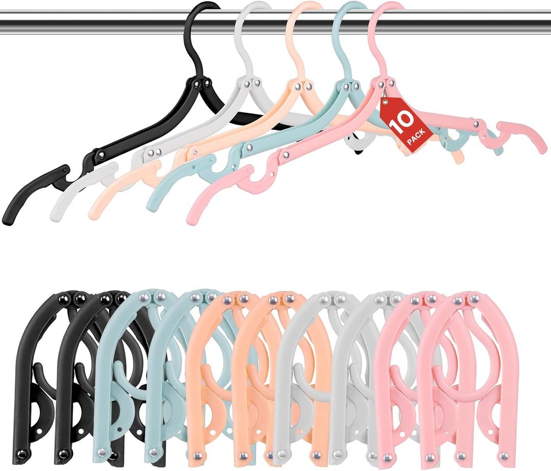 10 Pack Foldable Travel Hangers - Folding Hangers & Collapsible Hooks for Cruise/RV/Hotel/Dorm - Space-Saving Portable, Lightweight Compact Travel Essentials (Assorted Colors) (Black)