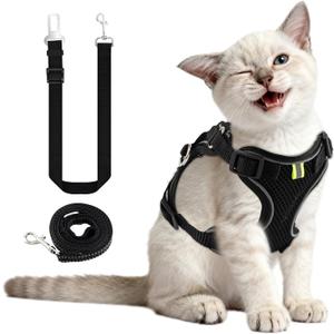 Kitten Cat Harness and Leash Set, Escape Proof Soft 4-Adjustable Cat Walking Vest Harness, Reflective Strips in Harness for Kitty Puppy Bunny Car Travel, with Car Seatbelt Leash (Black, S)