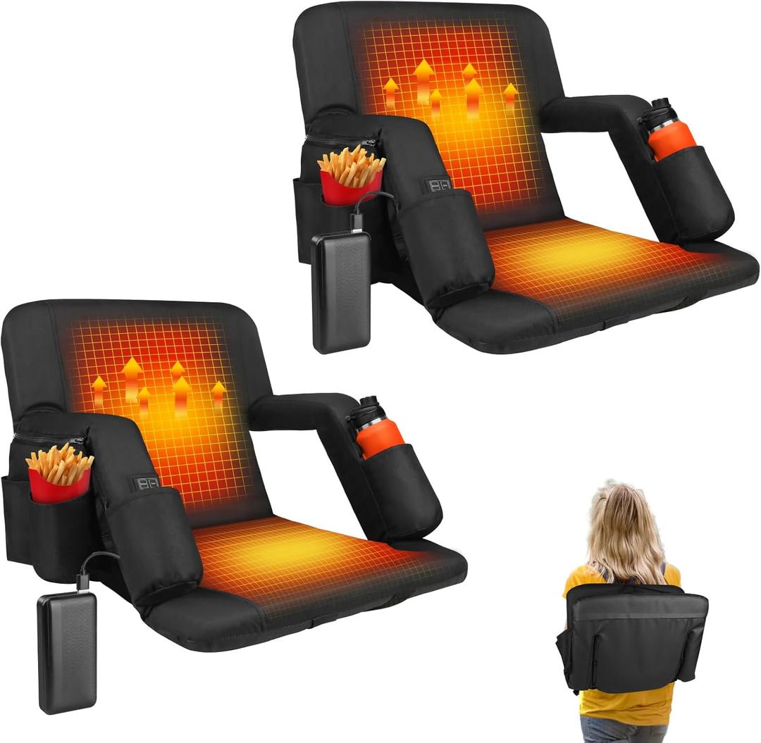 Heated Stadium Seats for Bleachers with Back Support with 5V 20000mAh Battery and Wide 20"/25" Dual-Sided Heated Bleacher Seat 6 Reclinng Positions Heat Heated Stadium Chair USB 3 Levels of