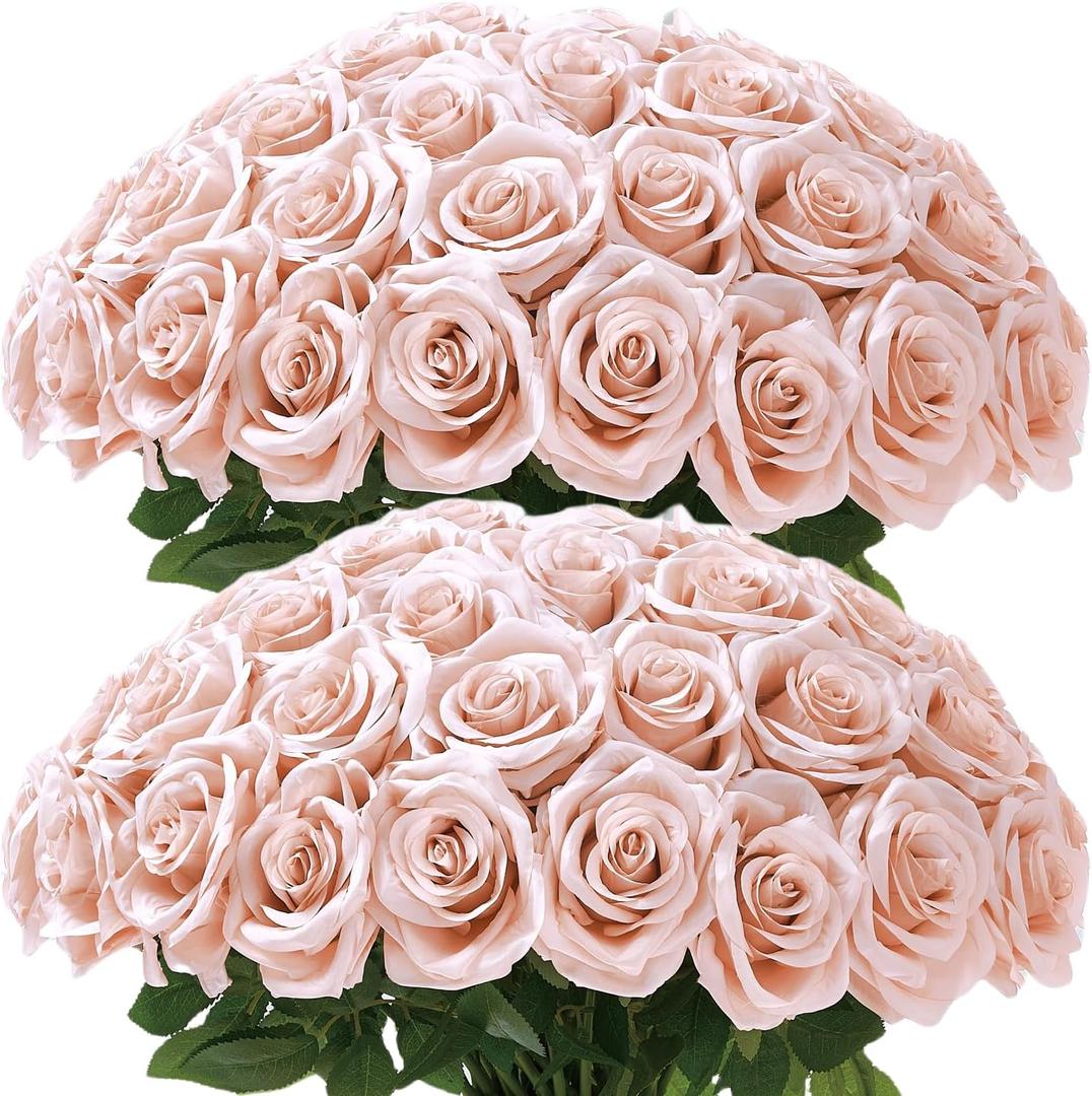 50Pcs Blush Roses Artificial Flowers Artificial Silk Roses Bulk,Fake Roses Flower with Stems Realistic Flowers for Wedding Centerpiece Home Party Decor