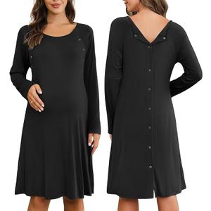 Ekouaer Women Maternity Nightgown Labor Delivery Nursing Gown Hospital Breastfeeding Dress Button Down Long Sleeve Sleepwear, Size Large