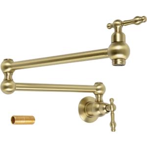 23" Brass Pot Filler Faucet Brushed Gold, Wall Mount Over Stove Water Faucet, Antique 2 Handles Folding Stretchable Pot Filler