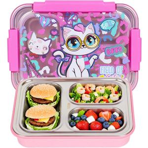 Stainless Steel Bento Lunch Box for Kids, 710ml/23.5oz BPA-Free Leak-Proof Food Containers with 3 Compartments, Back to School Students Daycare Lunches Snack Container Size for Ages 3-7 (G42. Cat)