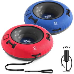 QPAU Snow Tube with Premium Canvas Cover 2 Pack for Kids and Adults, 48'' Inflatable Heavy Duty Snow Tube Made by Thickened Bottom, Sled Winter Outdoor Fun Toys for Children Boys Girls (Blue & Red)