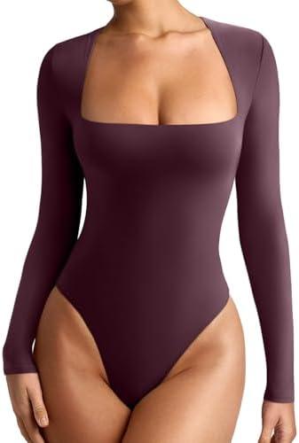 REORIA Women's Basic Lightweight Layering Sexy Slim Square Neck Long Sleeve Bodysuit Tops, Fig, M
