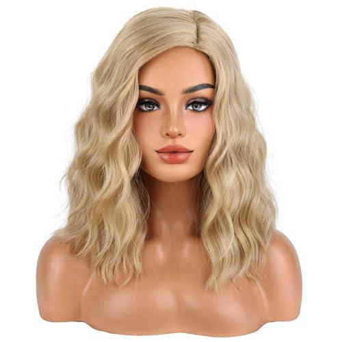 BERON Blonde Wigs for Women Short Curly Wavy Wig Girls Dirty Blonde Shoulder Length Body Heat Resistant Synthetic Hair Wig for Cosplay Party or Daily