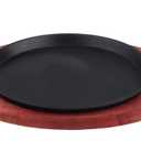 Non-Stick Cast Iron Grill Pan with Wooden Base, 7.4 Inch Round Sizzling Plate for Steak, Fajitas, Vegetables, and Seafood, Retains Heat for Induction Cooker