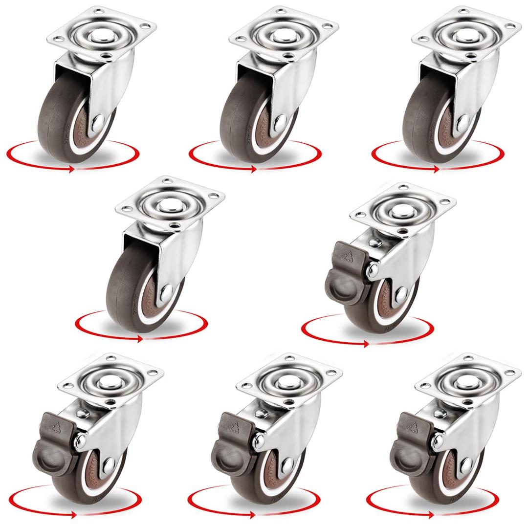 8Pcs 1.5 Inch Low Profile Swivel Casters Wheels, Small Heavy Duty Rubber Rolling Wheels with Lock Metal Plate Casters for Furniture, Carts, Cabinet Moving (4 with Brakes& 4 Without)