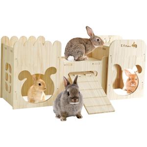 Natural Wooden Rabbit Castle House, Extra Large Bunny Castle for Rabbit Guinea Pig Chinchilla Ferret, Sturdy Bunny House with Stair