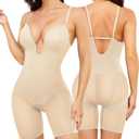 Slimers Body Shaper for Women Tummy Control U Plunge Backless Full Body Shapewear Mid Thigh Mesh strapless Bodysuit Top (Beige, M)