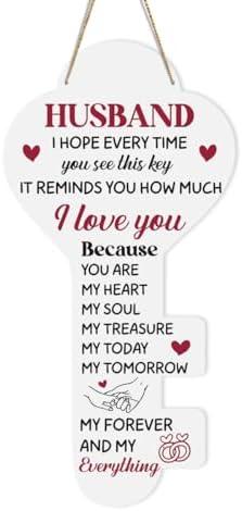 Husband Gifts Fathers Day Birthday Anniversary Valentines Decorations Gifts for Him Home Office Bedroom Decor Key Shape Hanging Wooden Sign, Pack of 3