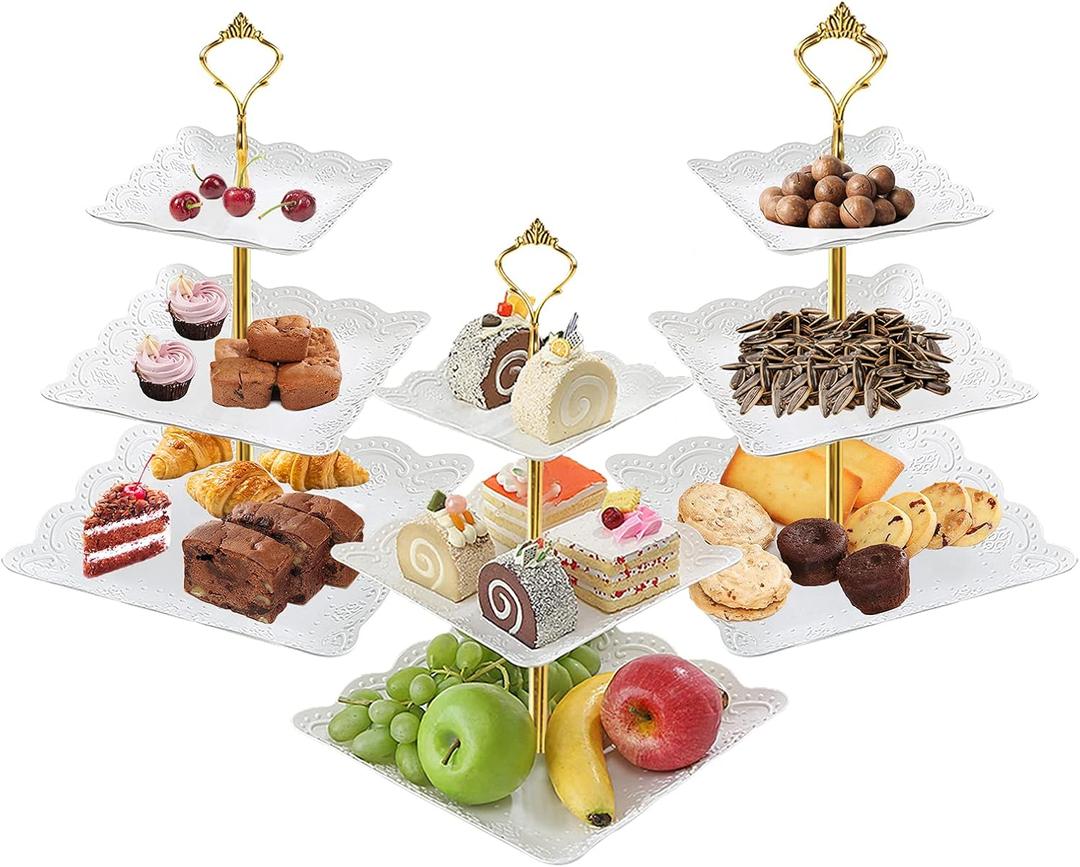 3Pcs White Square 3 Tiered Cake Stands, 3 Tier Serving Tray Cupcake Holder Dessert Stand Fruit Candy Display Table Decorations for Home Party Birthday Tea Party Baby Shower (3 Pieces - Square (with Crown-shaped Holder))