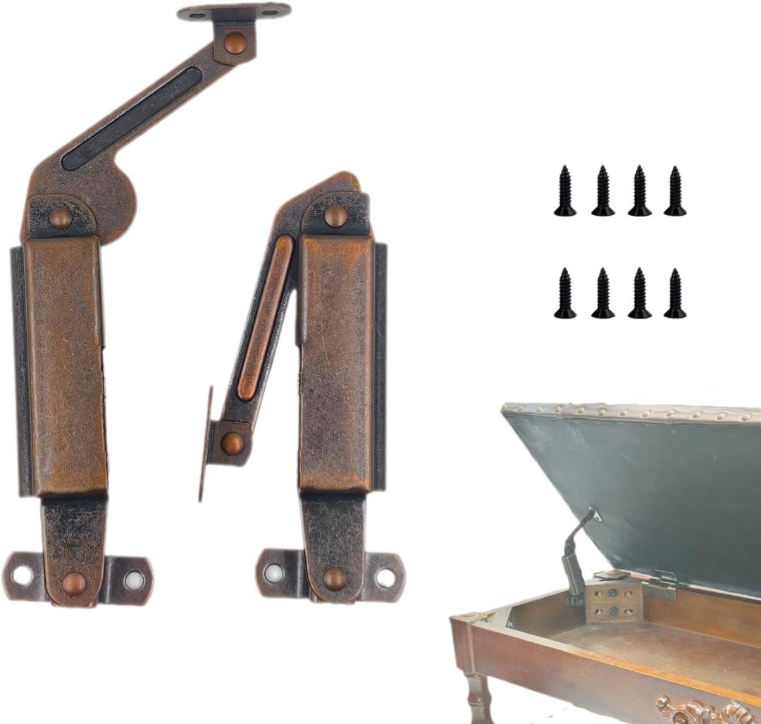 1 Pair of Self-Balancing Lid Support Hinges - Left & Right, Dark Bronze Tone with Screws for Sofa, Box, Cabinet, Toy Box, and Shoe Bench (Mid arm)