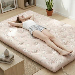 Syrinx Water Resistant Japanese Futon Mattress, Twin Size 75"x39", 2.5 Inch Thick Japanese Floor Mattress Tatami Mat, Foldable Floor Bed Sleeping Pad for Dormitory Guest Room Camping (White Blooms)