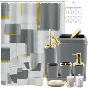 XLHOMO Bathroom Set - Grey and Gold Bathroom Accessories Set, Bathroom Sets with Shower Curtain and Rugs, Grey Shower Curtain Set with Bathroom Trash Can, Soap Dispenser, Soap Dish for Home Decor