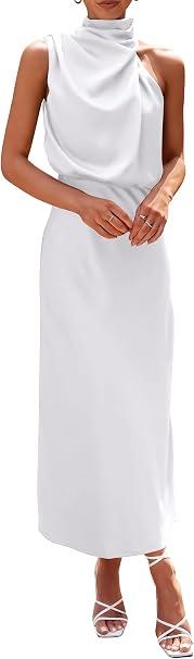 PRETTYGARDEN Women's 2025 Summer Satin Dress Elegant Sleeveless Mock Neck Cocktail Party Maxi Dresses (White,Small)